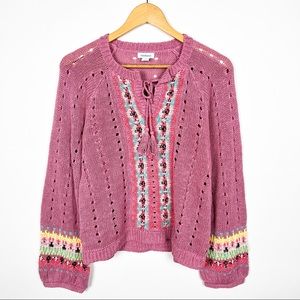 Sundance Catalog pink crochet knit fair isle sweater